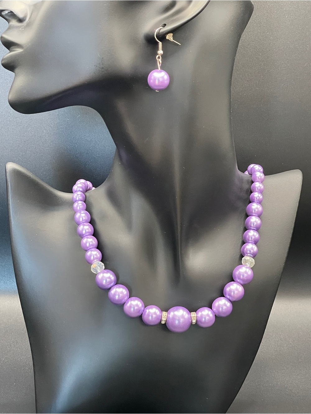 Purple Faux Pearl Graduated Necklace & Dangle Earring Set 19”